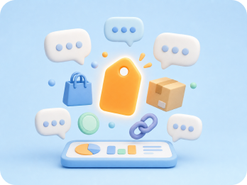 Shopping tags, bags, packages, and comment bubbles above a dashboard.