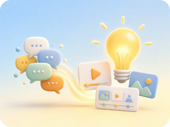A glowing lightbulb with comment bubbles and content cards.