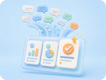Comment bubbles flowing into insight cards and charts.