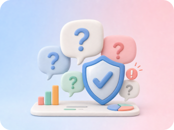 Question bubbles and a shield representing objections and trust risks.