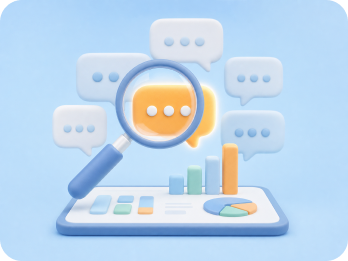A magnifying glass over social comments and analytics charts.