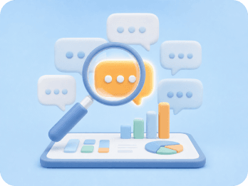 A magnifying glass over social comments and analytics charts.